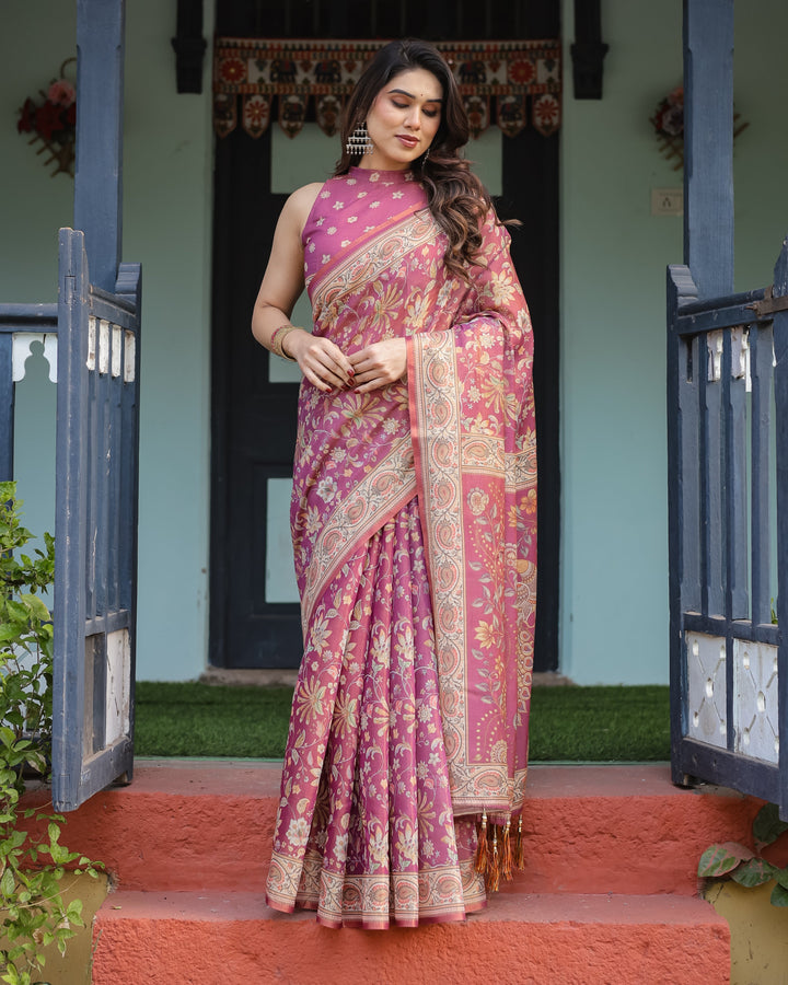 Magenta Handloom Cotton-Linen Saree with Gold Floral Motifs and Peacock Pallu