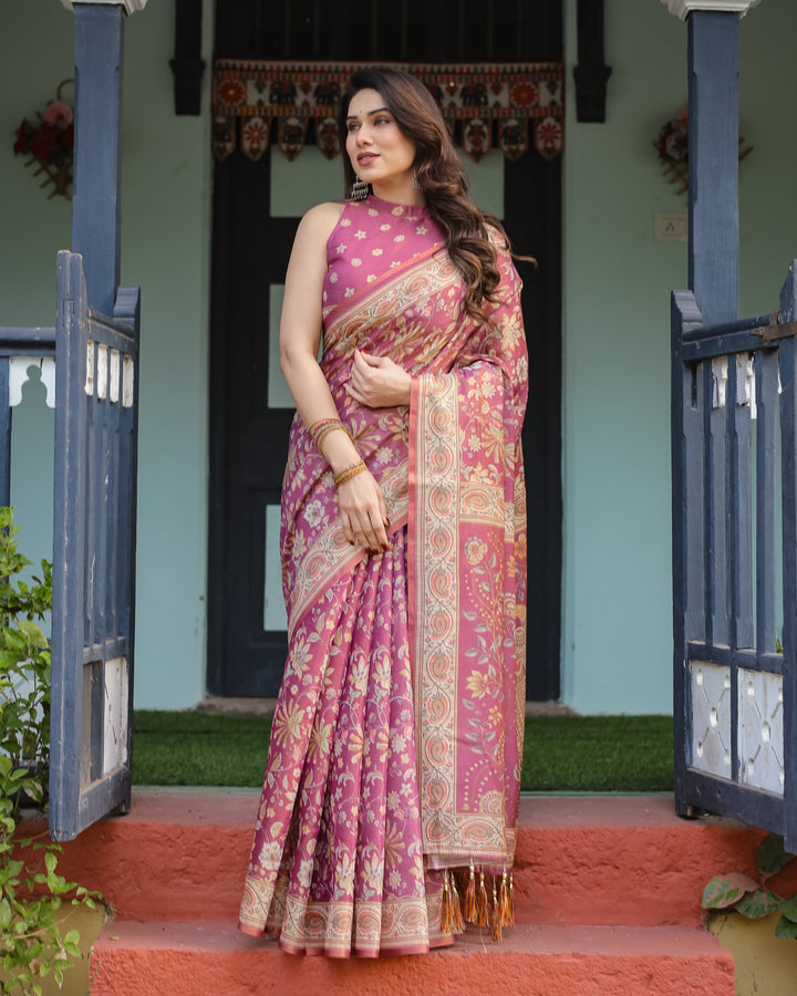 Magenta Handloom Cotton-Linen Saree with Gold Floral Motifs and Peacock Pallu