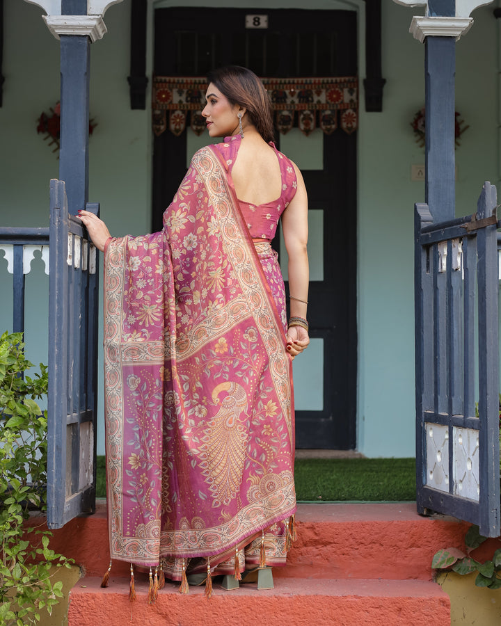 Magenta Handloom Cotton-Linen Saree with Gold Floral Motifs and Peacock Pallu