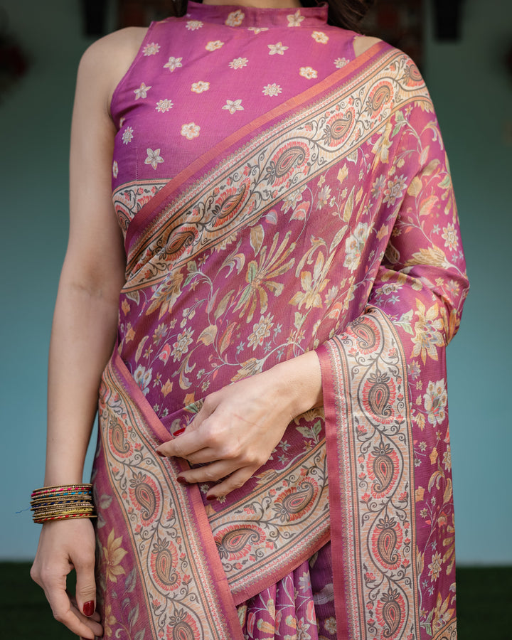 Magenta Handloom Cotton-Linen Saree with Gold Floral Motifs and Peacock Pallu