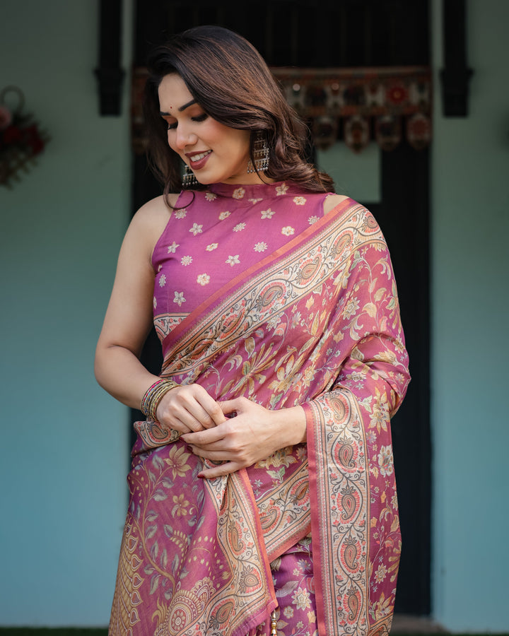 Magenta Handloom Cotton-Linen Saree with Gold Floral Motifs and Peacock Pallu