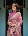 Magenta Handloom Cotton-Linen Saree with Gold Floral Motifs and Peacock Pallu