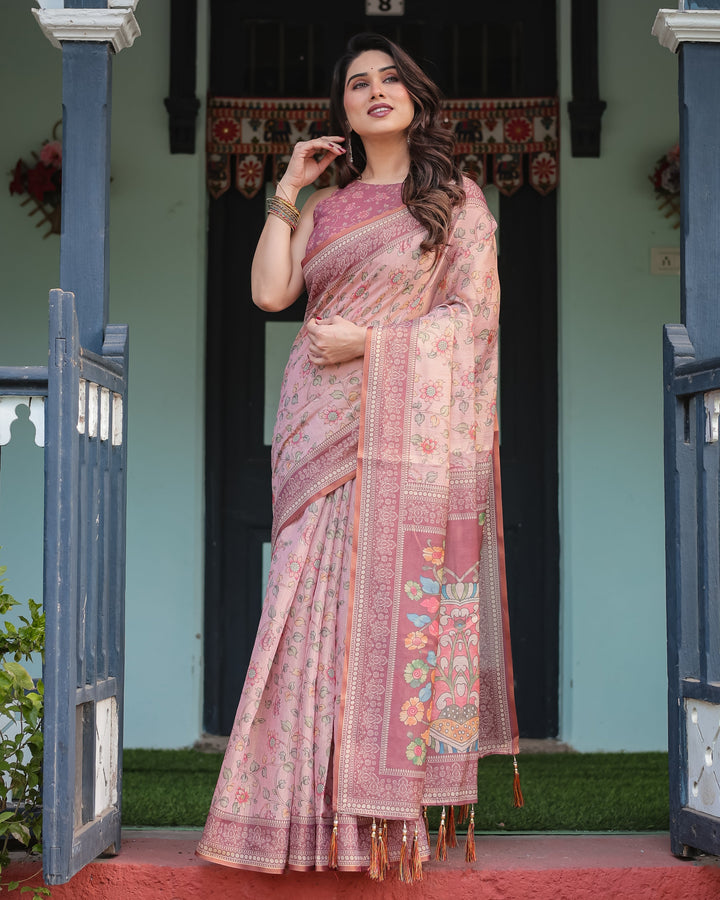 Blush Pink Handloom Cotton-Linen Saree with Floral Motifs and Artistic Pallu