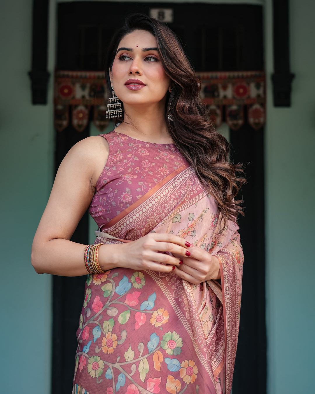 Blush Pink Handloom Cotton-Linen Saree with Floral Motifs and Artistic Pallu