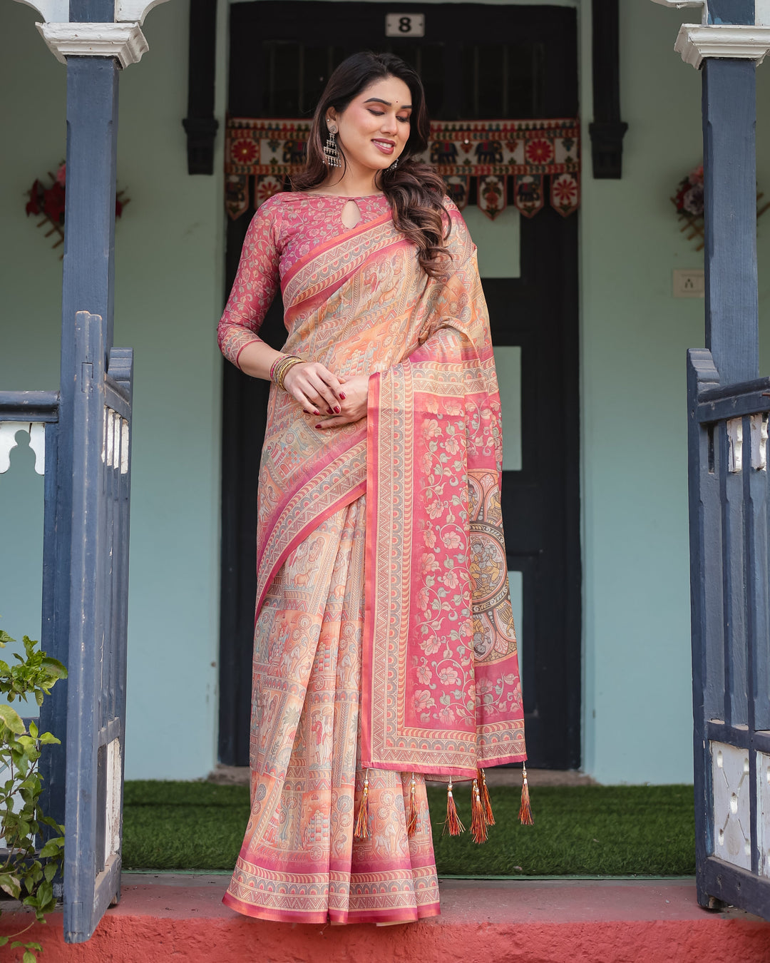 Peach and Pink Handloom Cotton-Linen Saree with Mythological Motifs and Floral Pallu