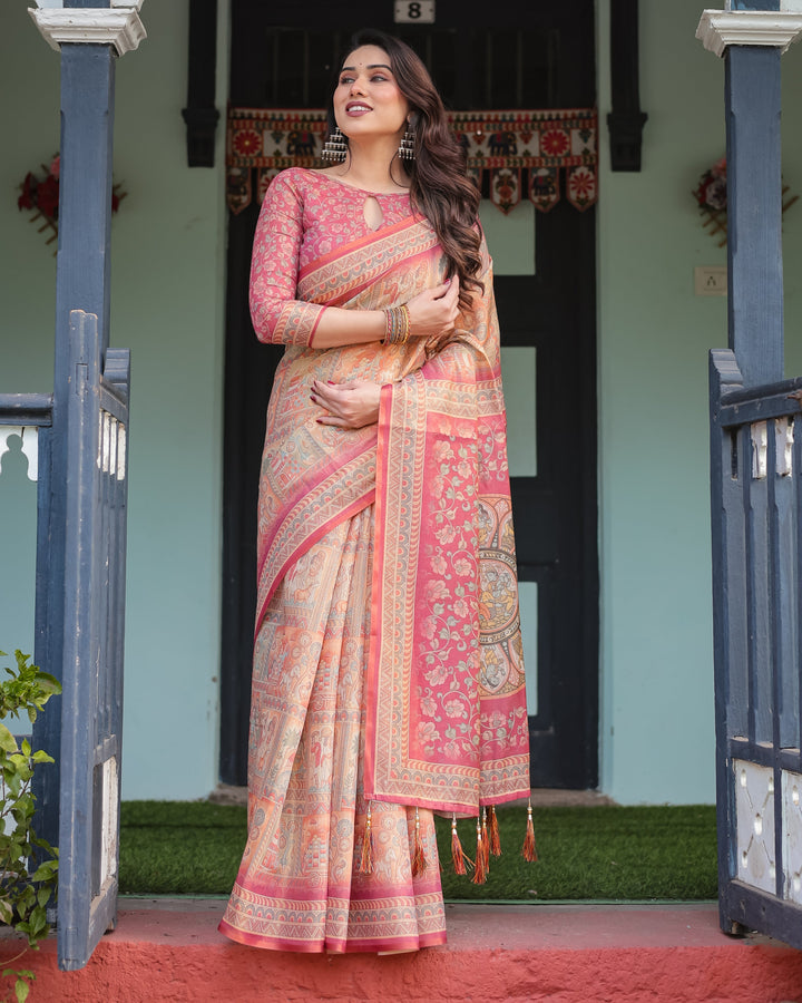 Peach and Pink Handloom Cotton-Linen Saree with Mythological Motifs and Floral Pallu