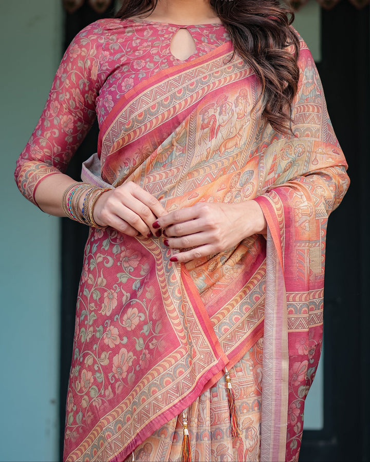 Peach and Pink Handloom Cotton-Linen Saree with Mythological Motifs and Floral Pallu