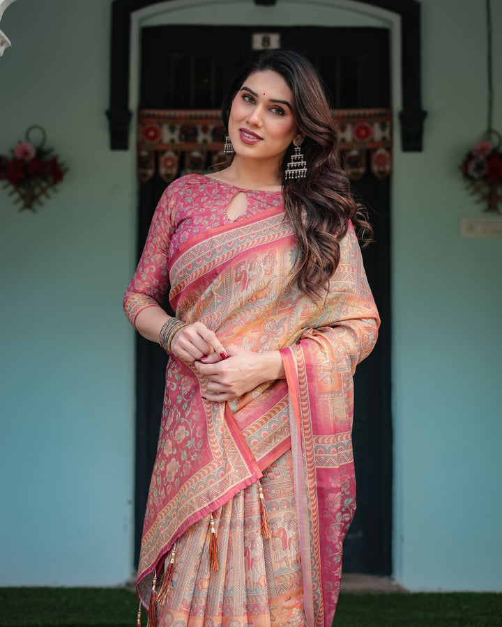 Peach and Pink Handloom Cotton-Linen Saree with Mythological Motifs and Floral Pallu