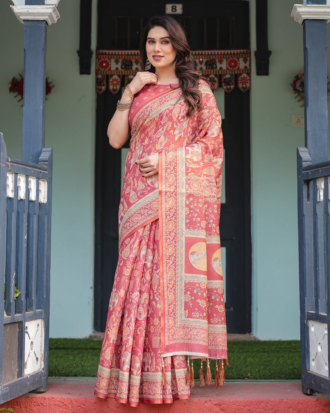 Crimson Red Handloom Cotton-Linen Saree with Mythological Motifs and Floral Border