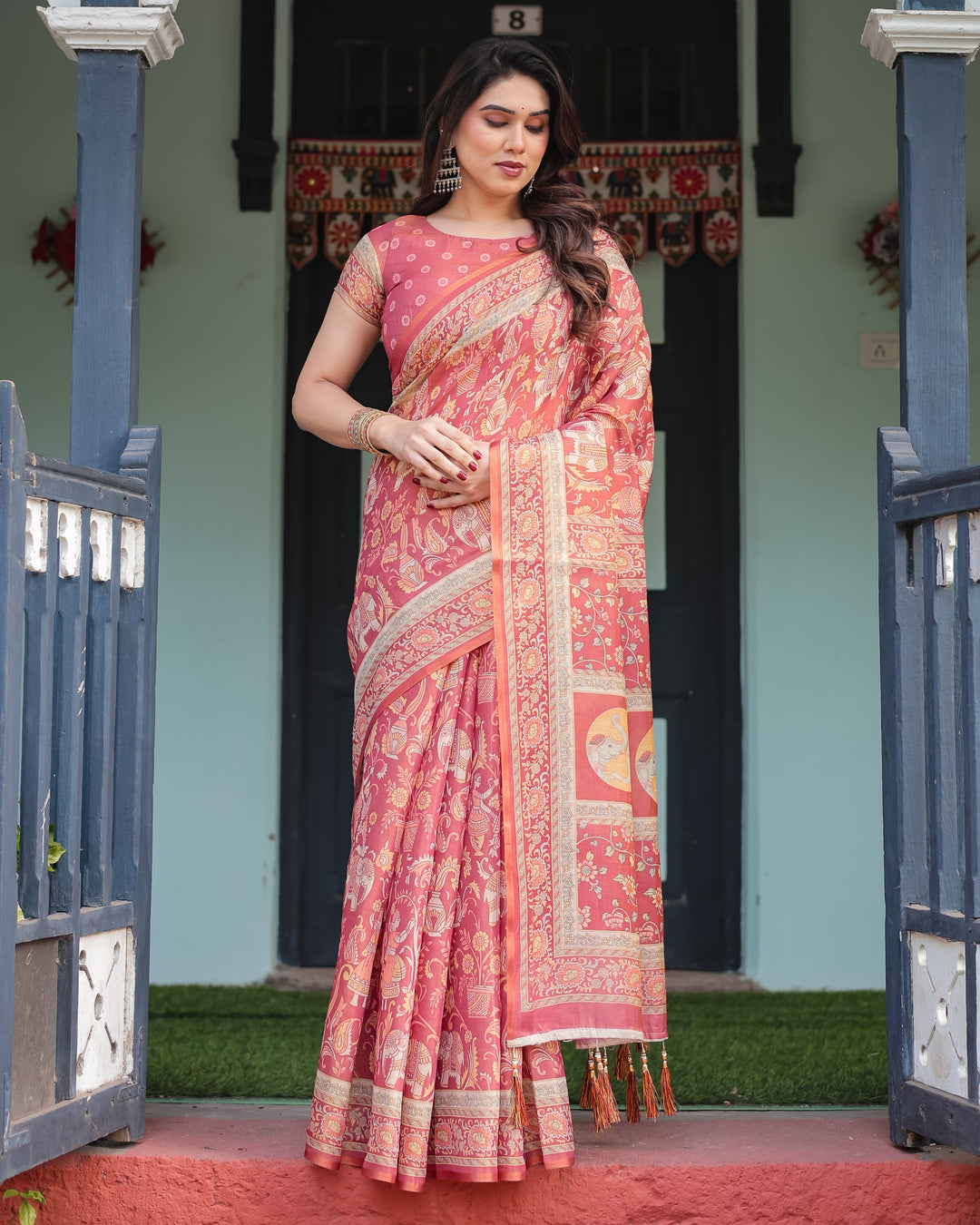 Crimson Red Handloom Cotton-Linen Saree with Mythological Motifs and Floral Border