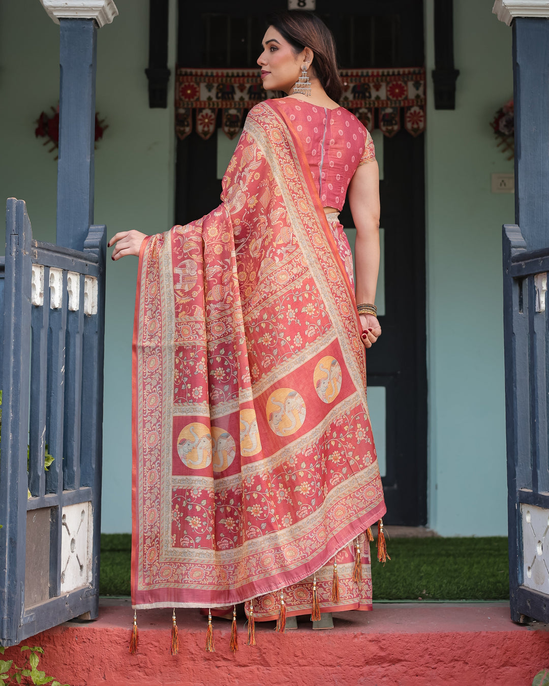 Crimson Red Handloom Cotton-Linen Saree with Mythological Motifs and Floral Border