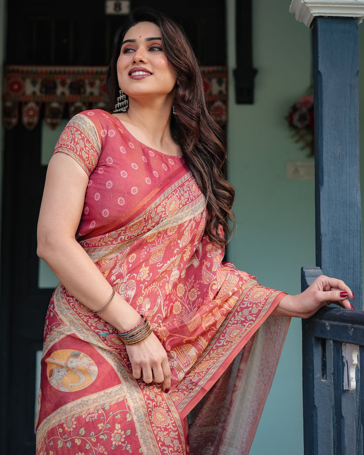 Crimson Red Handloom Cotton-Linen Saree with Mythological Motifs and Floral Border