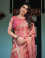 Crimson Red Handloom Cotton-Linen Saree with Mythological Motifs and Floral Border