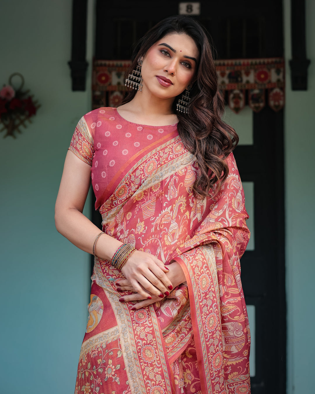 Crimson Red Handloom Cotton-Linen Saree with Mythological Motifs and Floral Border