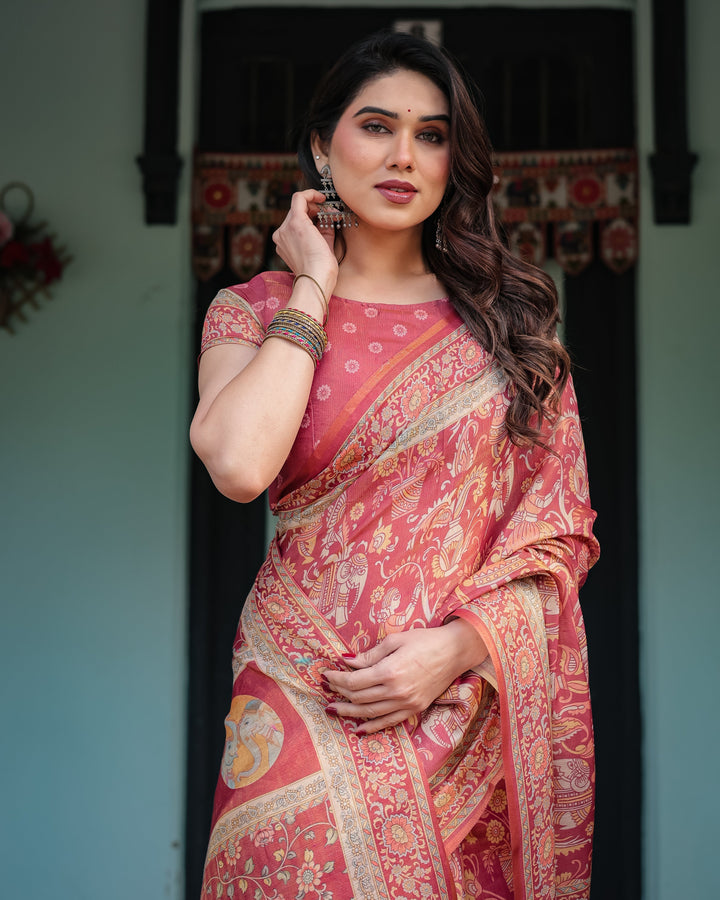 Crimson Red Handloom Cotton-Linen Saree with Mythological Motifs and Floral Border