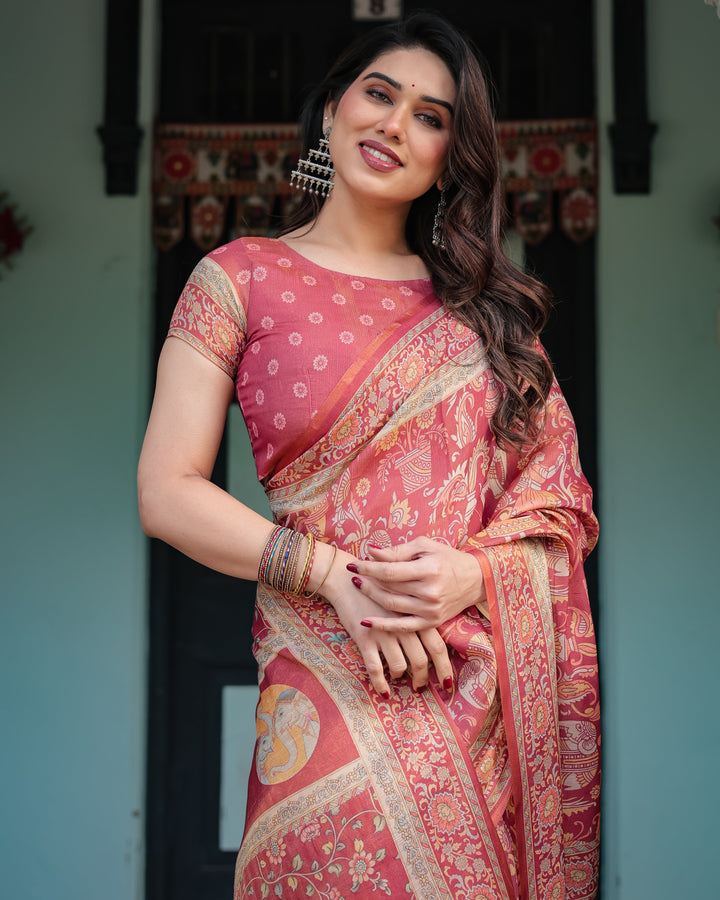 Crimson Red Handloom Cotton-Linen Saree with Mythological Motifs and Floral Border