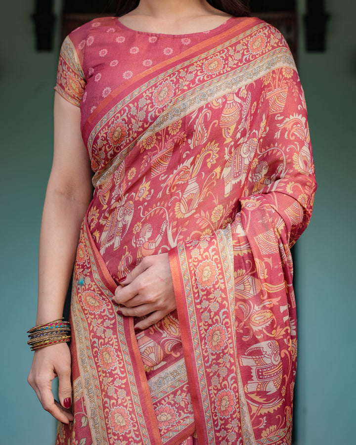 Crimson Red Handloom Cotton-Linen Saree with Mythological Motifs and Floral Border