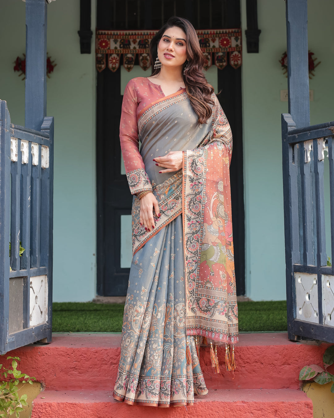 Slate Blue Handloom Cotton-Linen Saree with Vibrant Folk Motifs and Floral Pallu