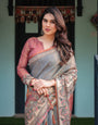 Slate Blue Handloom Cotton-Linen Saree with Vibrant Folk Motifs and Floral Pallu