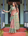 Green and Red Handloom Cotton-Linen Saree with Elephant Motifs and Floral Detailing