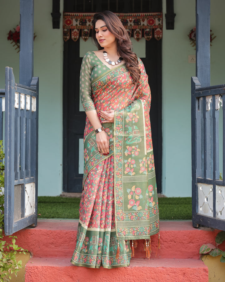 Green and Red Handloom Cotton-Linen Saree with Elephant Motifs and Floral Detailing