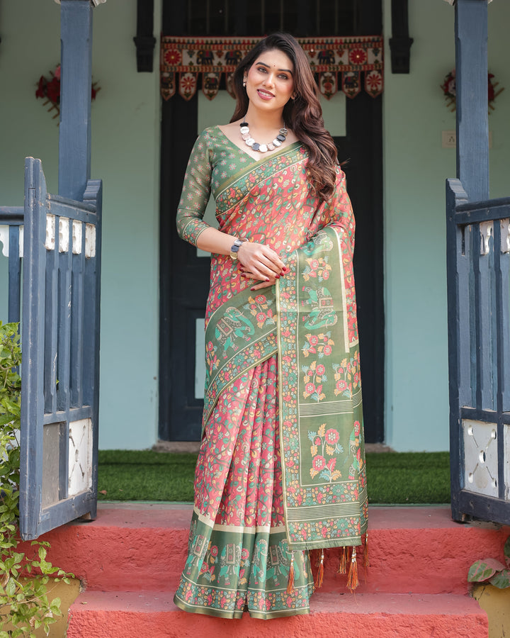 Green and Red Handloom Cotton-Linen Saree with Elephant Motifs and Floral Detailing