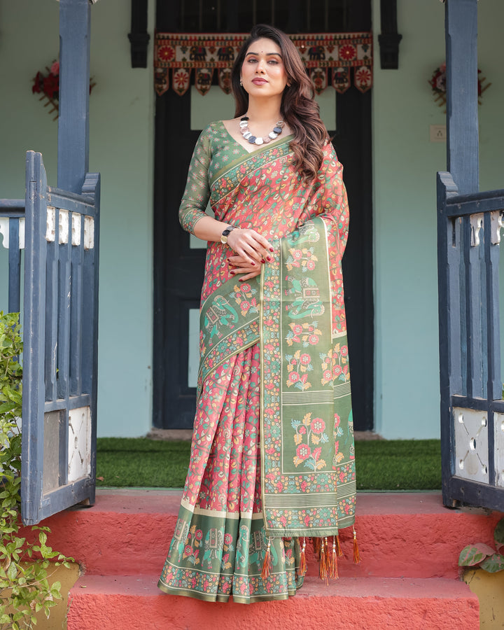 Green and Red Handloom Cotton-Linen Saree with Elephant Motifs and Floral Detailing