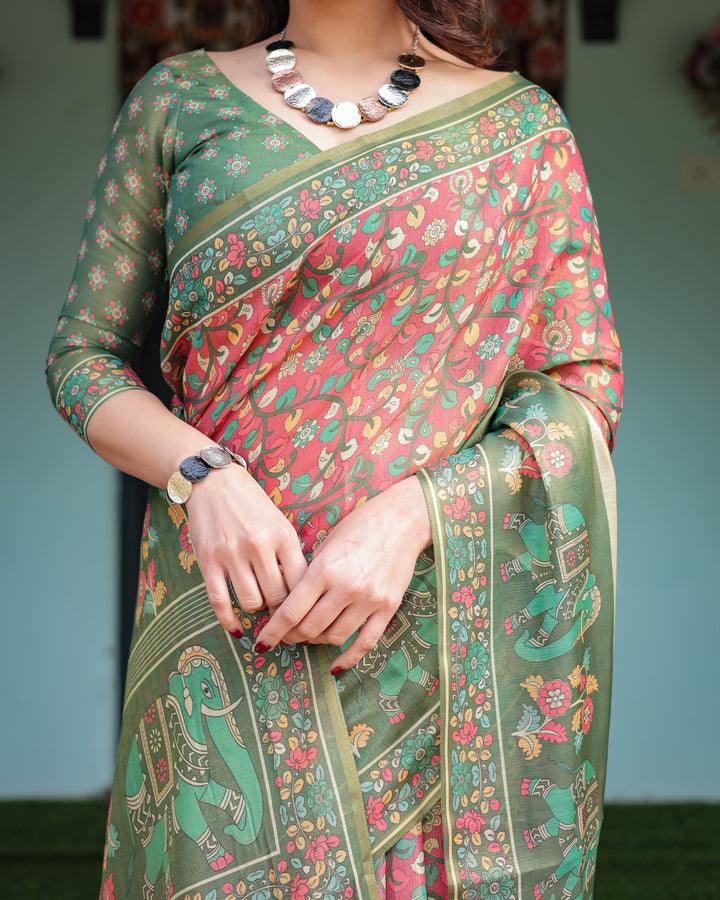 Green and Red Handloom Cotton-Linen Saree with Elephant Motifs and Floral Detailing