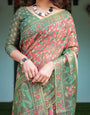 Green and Red Handloom Cotton-Linen Saree with Elephant Motifs and Floral Detailing