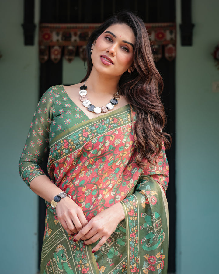 Green and Red Handloom Cotton-Linen Saree with Elephant Motifs and Floral Detailing