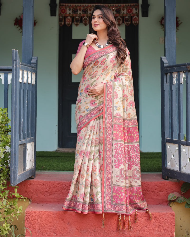 Cream and Pink Handloom Cotton-Linen Saree with Vibrant Floral and Elephant Motifs