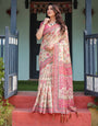 Cream and Pink Handloom Cotton-Linen Saree with Vibrant Floral and Elephant Motifs