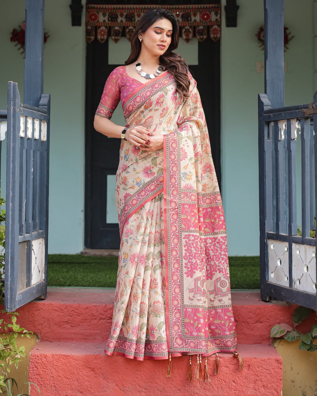 Cream and Pink Handloom Cotton-Linen Saree with Vibrant Floral and Elephant Motifs