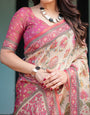 Cream and Pink Handloom Cotton-Linen Saree with Vibrant Floral and Elephant Motifs