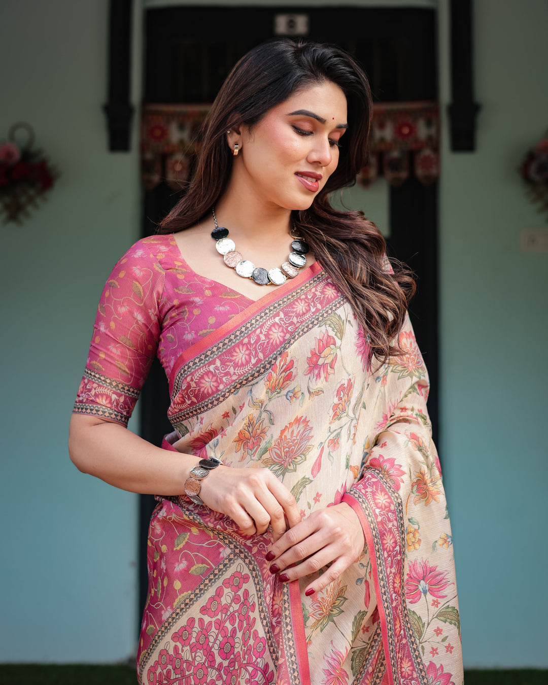 Cream and Pink Handloom Cotton-Linen Saree with Vibrant Floral and Elephant Motifs