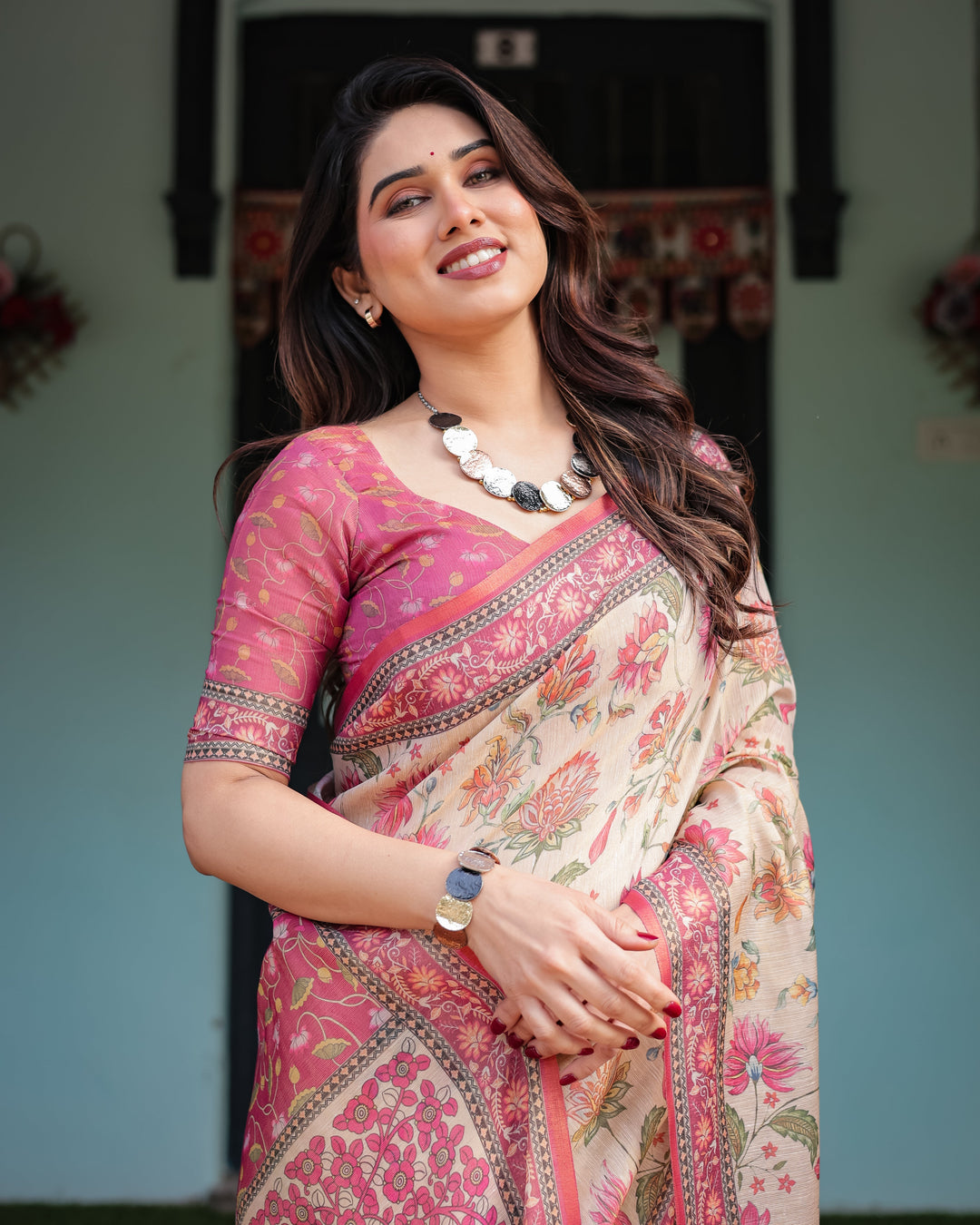 Cream and Pink Handloom Cotton-Linen Saree with Vibrant Floral and Elephant Motifs