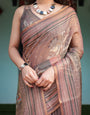 Earthy Brown Handloom Cotton-Linen Saree with Bird Motifs and Striped Detailing