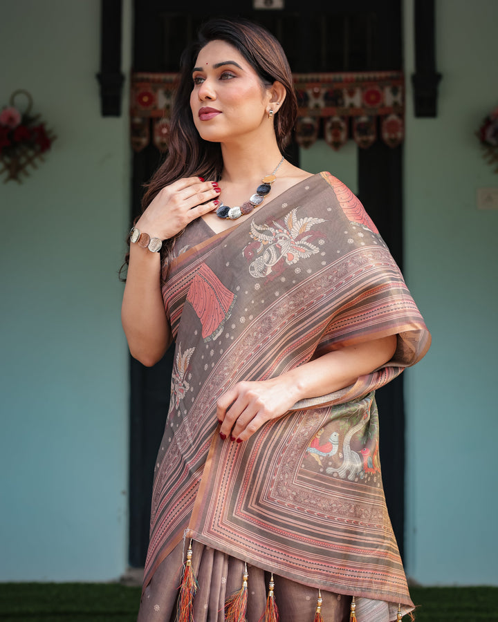 Earthy Brown Handloom Cotton-Linen Saree with Bird Motifs and Striped Detailing