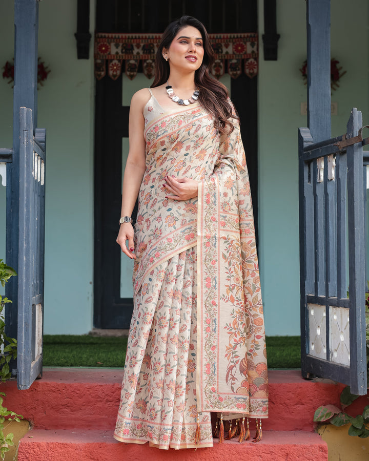 Elegant Beige Handloom Cotton-Linen Saree with Golden Zari Weave, Floral Printed Pallu & Tassel Detailing