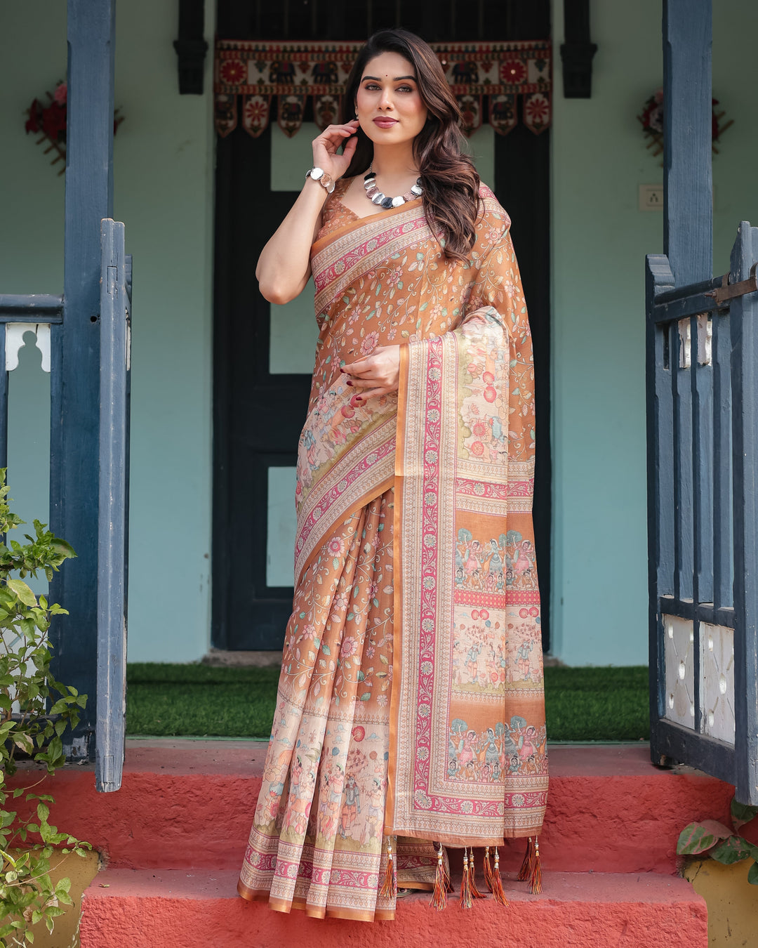 Warm Gold Pure Linen Cotton Handloom Printed Saree with Floral and Figurative Patterns, Golden Zari Weave, Tassels, and Slub Texture