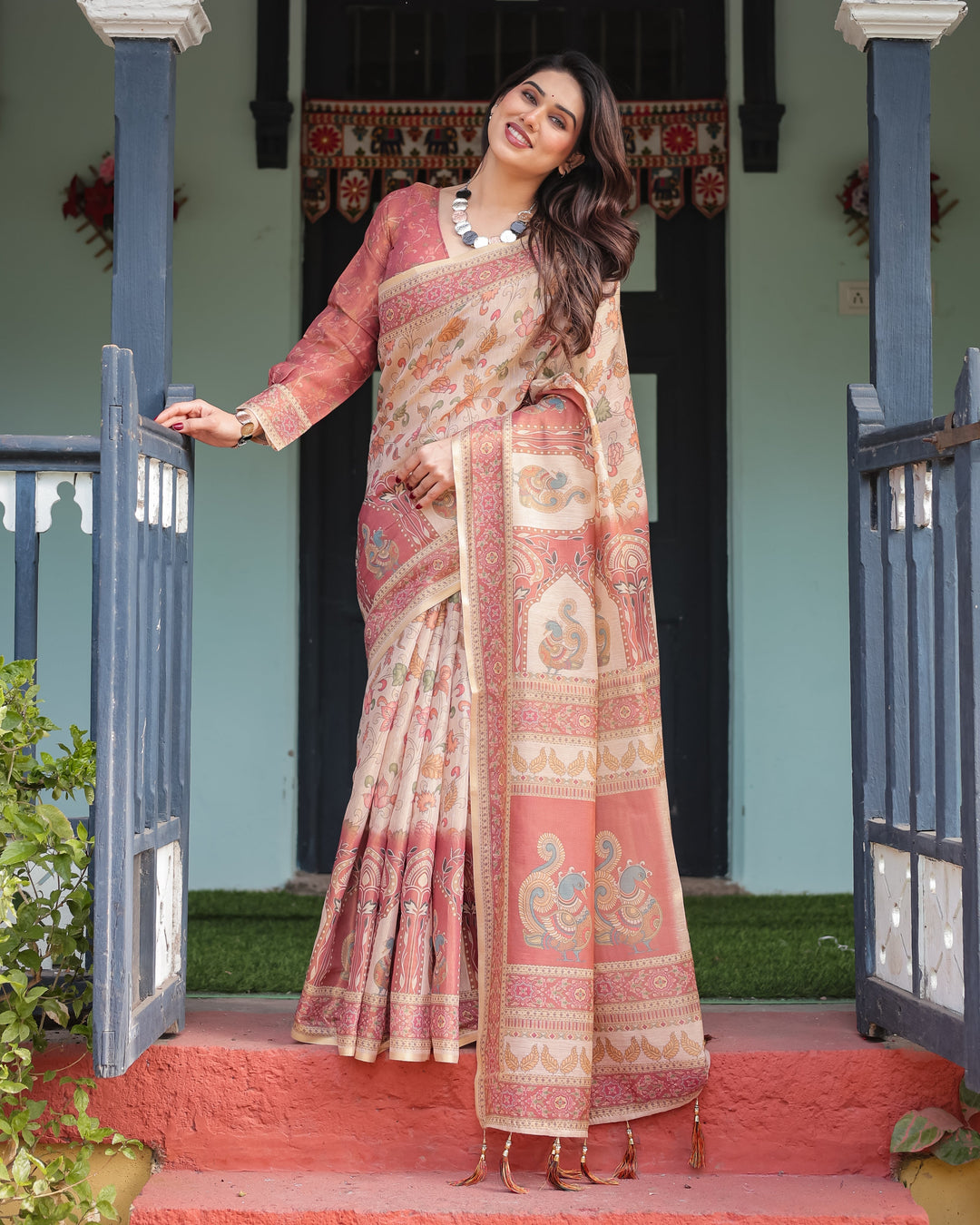 Cream with Coral Borders Linen Cotton Handloom Printed Saree, Peacock Motifs, Floral Design, and Tassels