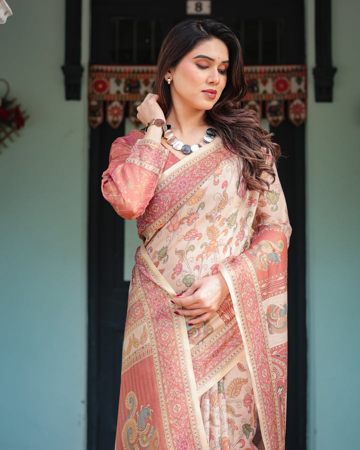 Cream with Coral Borders Linen Cotton Handloom Printed Saree, Peacock Motifs, Floral Design, and Tassels