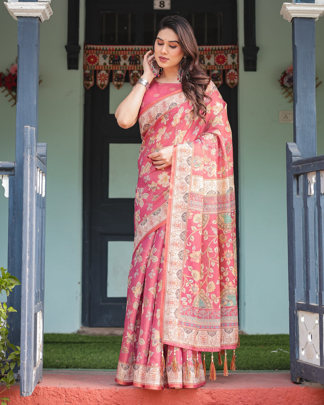 Rosy Pink with Intricate Floral Motifs Linen Cotton Handloom Printed Saree, Peacock Pallu, and Tassels