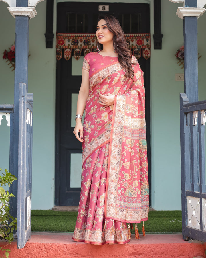 Rosy Pink with Intricate Floral Motifs Linen Cotton Handloom Printed Saree, Peacock Pallu, and Tassels