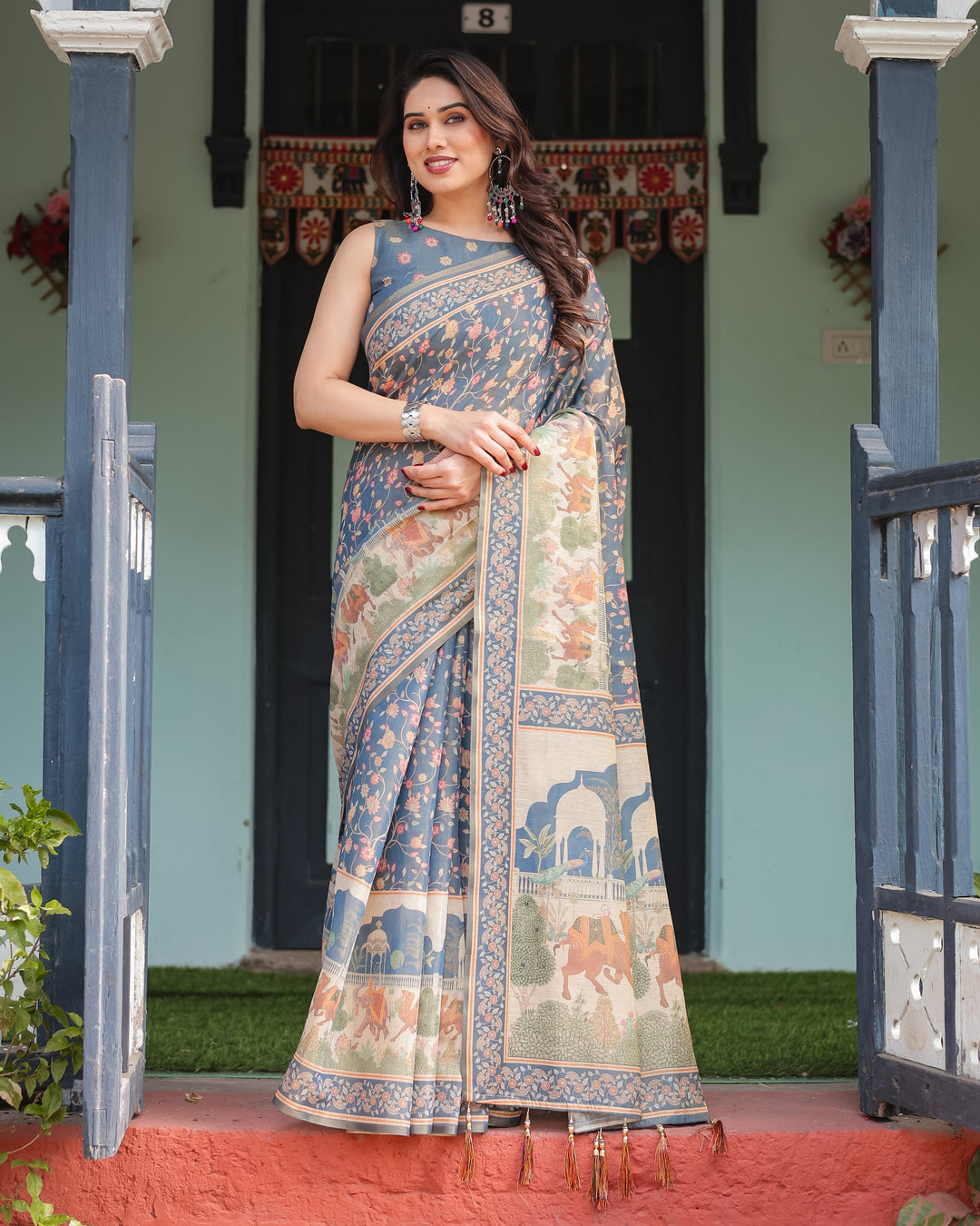 Steel Blue with Floral Patterns Linen Cotton Handloom Printed Saree, Heritage-Inspired Pallu, and Tassels