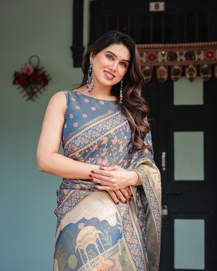 Steel Blue with Floral Patterns Linen Cotton Handloom Printed Saree, Heritage-Inspired Pallu, and Tassels