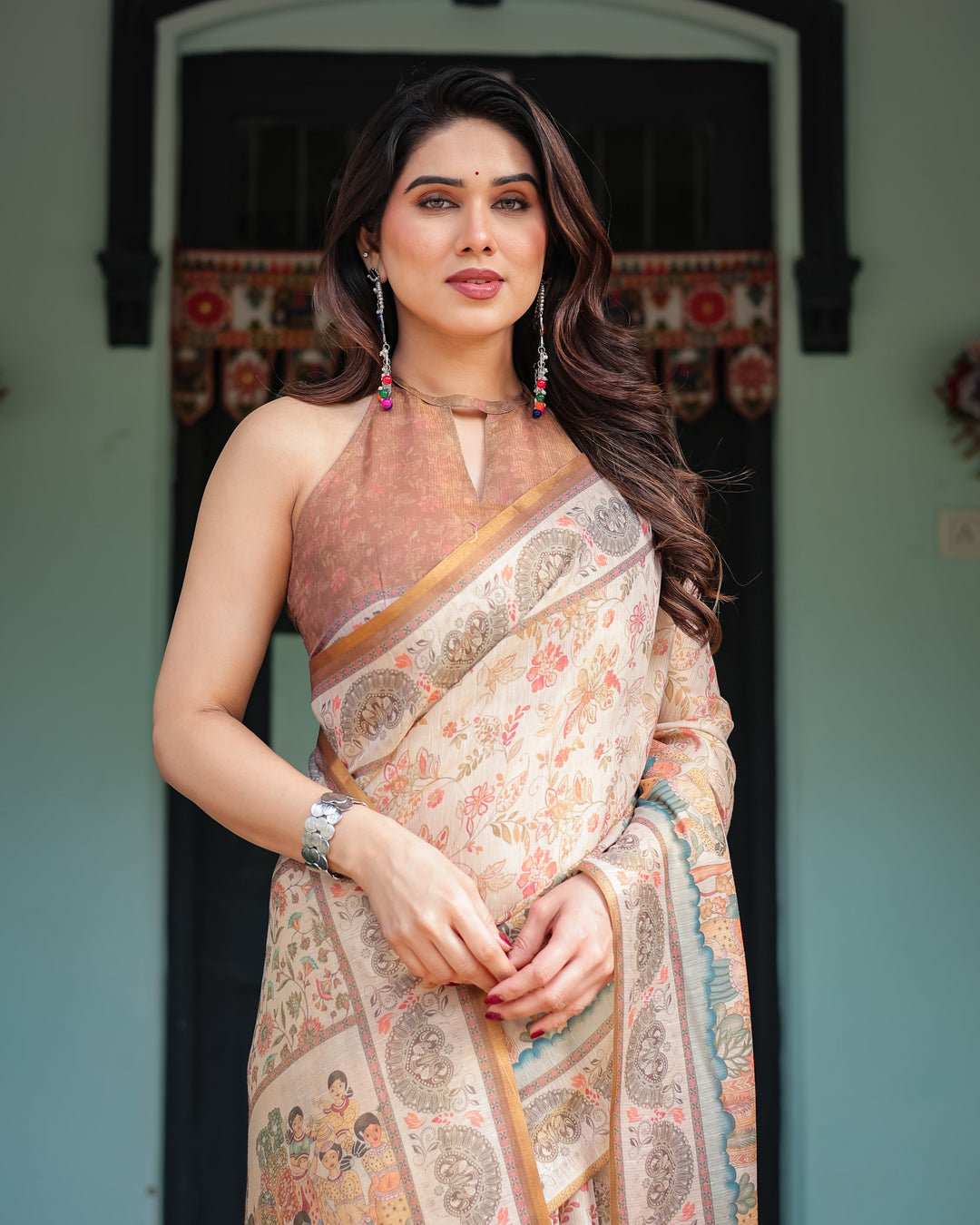 Ivory with Floral Prints Linen Cotton Handloom Printed Saree, Festive Procession Pallu, and Tassels