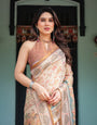 Ivory with Floral Prints Linen Cotton Handloom Printed Saree, Festive Procession Pallu, and Tassels