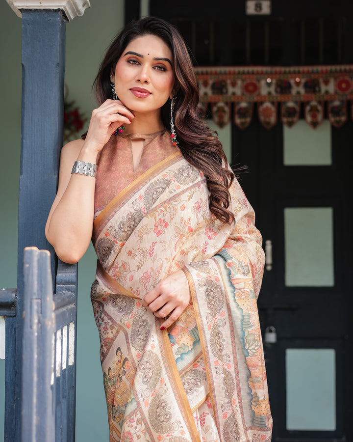 Ivory with Floral Prints Linen Cotton Handloom Printed Saree, Festive Procession Pallu, and Tassels