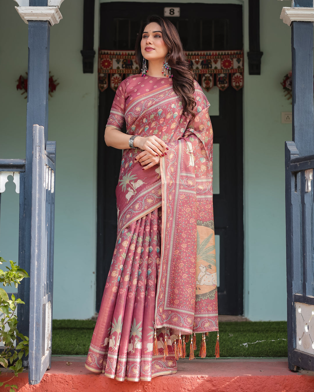 Mauve with Floral Motifs Linen Cotton Handloom Printed Saree, Pastoral Scene Pallu, and Tassels